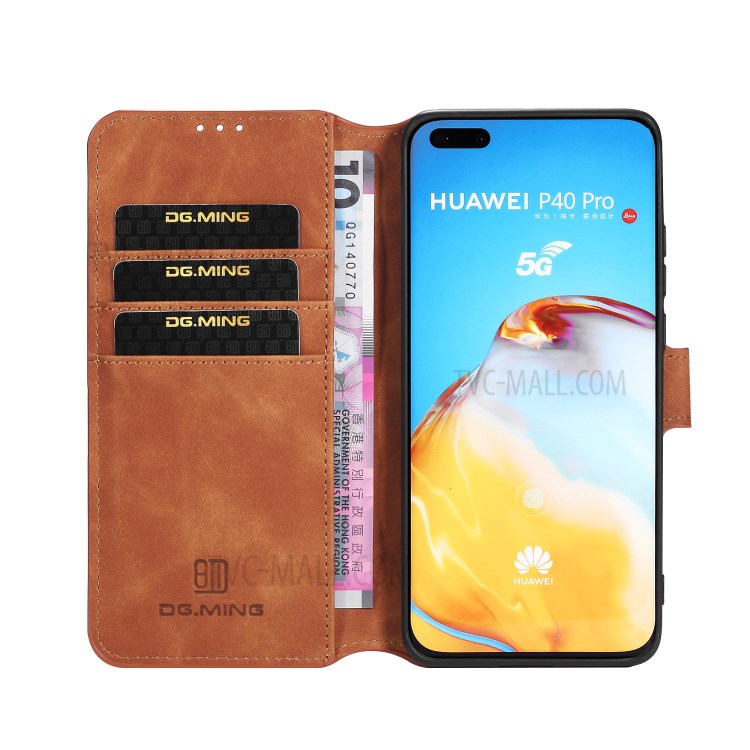 DG.MING Retro Style Leather Wallet Stand Phone Shell for Huawei P40 Pro - Brown-4