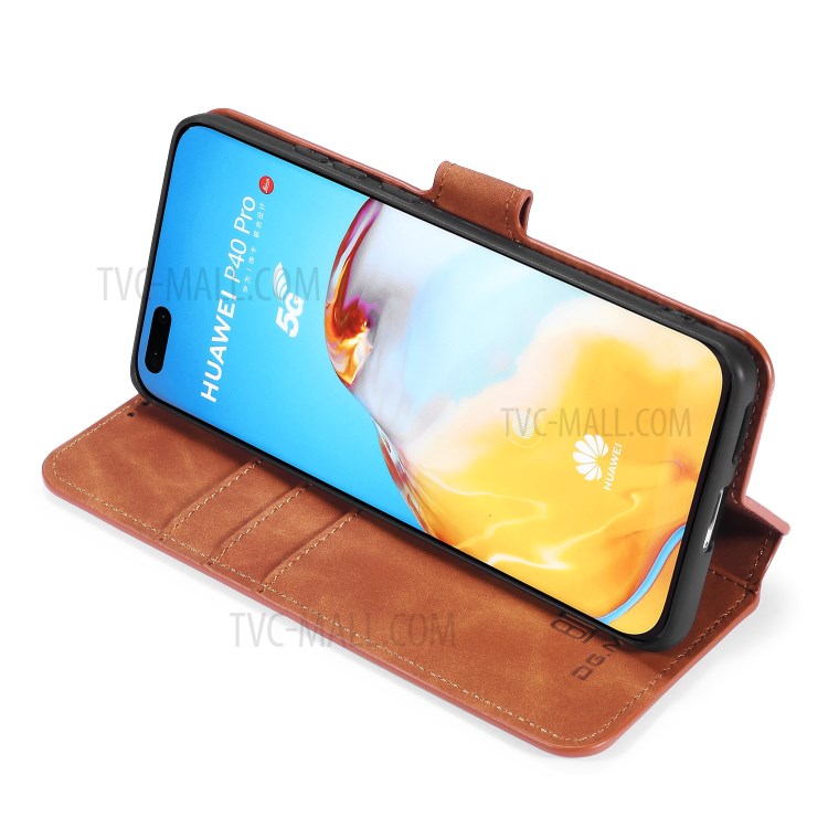 DG.MING Retro Style Leather Wallet Stand Phone Shell for Huawei P40 Pro - Brown-5