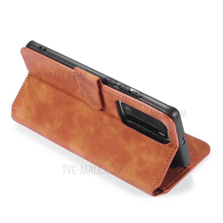 DG.MING Retro Style Leather Wallet Stand Phone Shell for Huawei P40 Pro - Brown-6