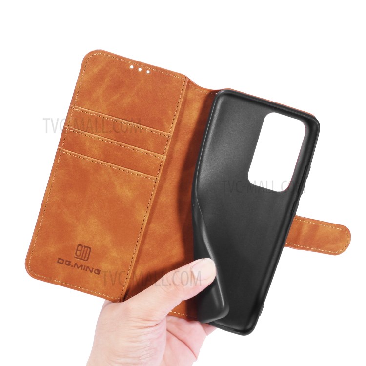DG.MING Retro Style Leather Wallet Stand Phone Shell for Huawei P40 Pro - Brown-7