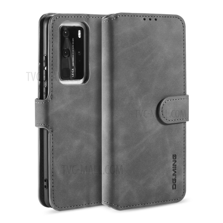 DG.MING Retro Style Leather Wallet Stand Phone Shell for Huawei P40 Pro - Grey-1