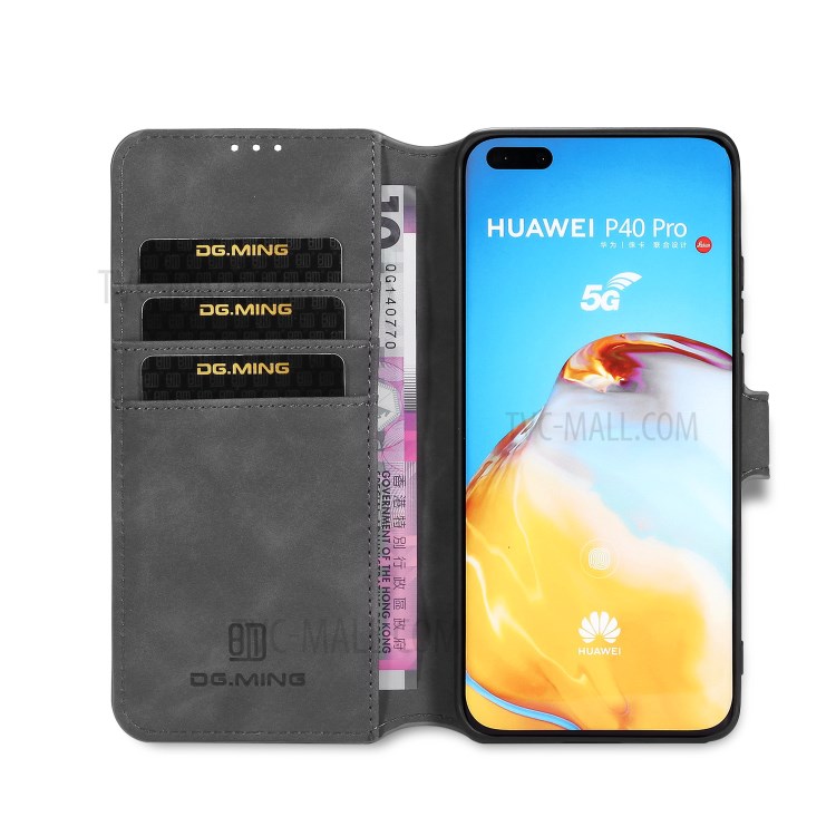 DG.MING Retro Style Leather Wallet Stand Phone Shell for Huawei P40 Pro - Grey-4