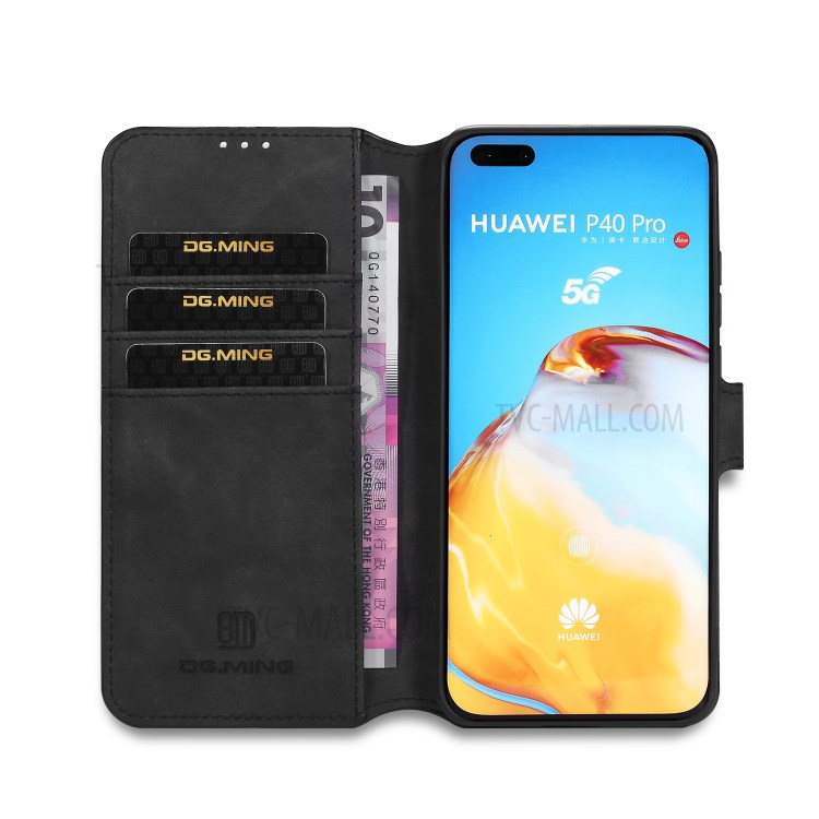 DG.MING Retro Style Leather Wallet Stand Phone Shell for Huawei P40 Pro - Black-4