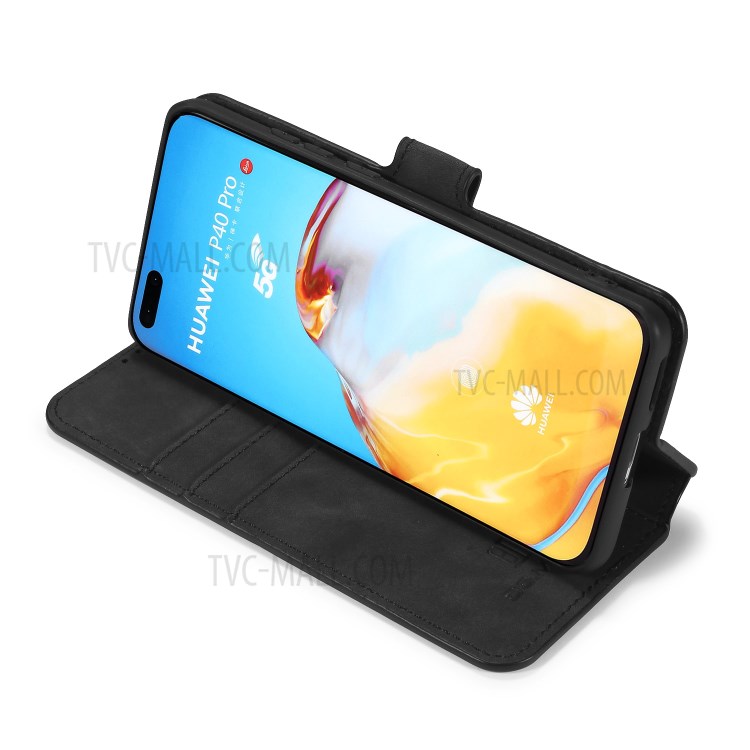 DG.MING Retro Style Leather Wallet Stand Phone Shell for Huawei P40 Pro - Black-5