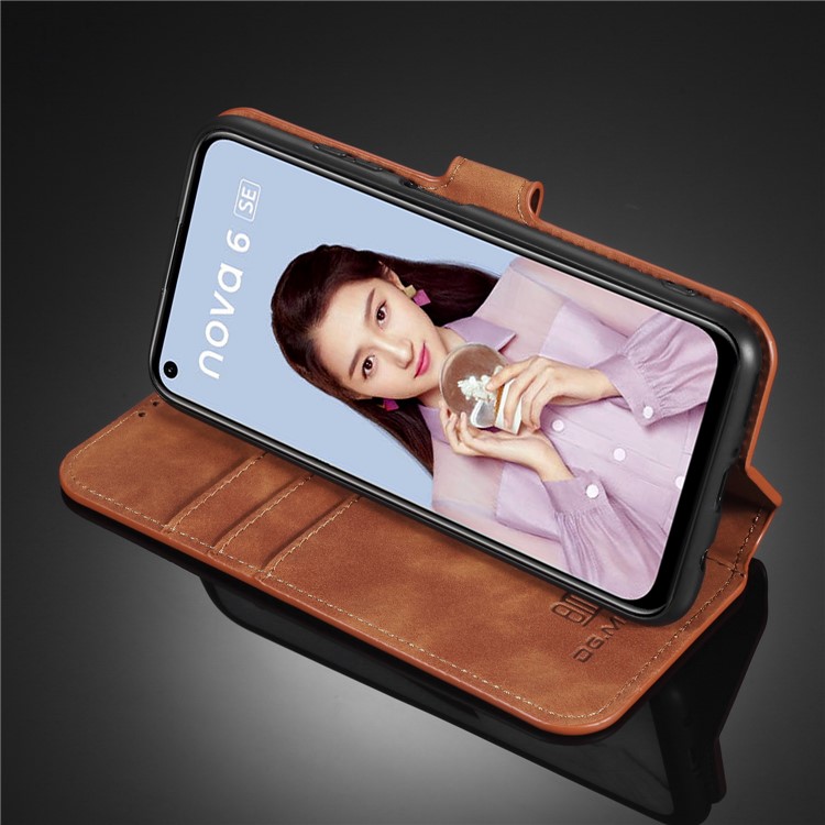 DG.MING Retro Style Wallet Leather Stand Case for Huawei P40 Lite/Nova 7i/Nova 6 SE - Brown-11