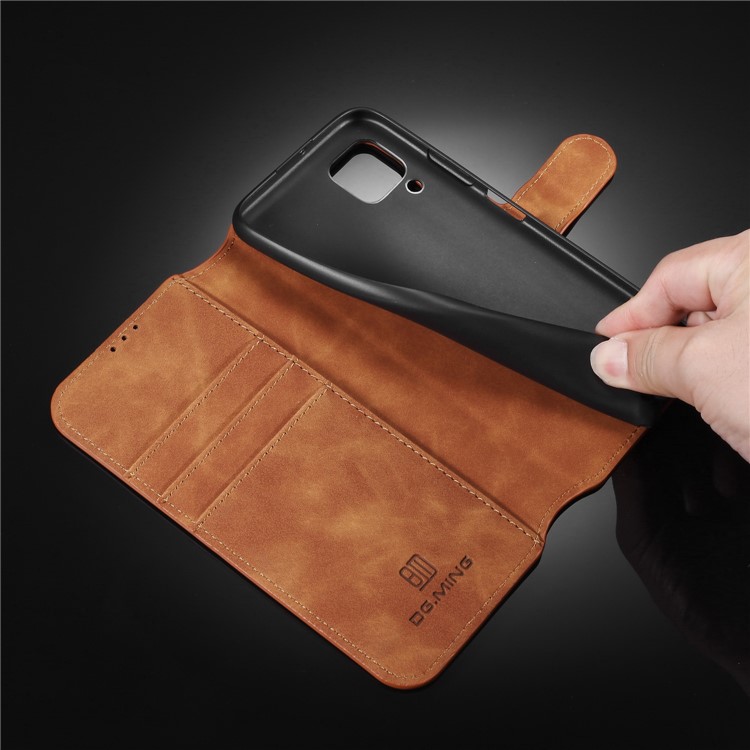 DG.MING Retro Style Wallet Leather Stand Case for Huawei P40 Lite/Nova 7i/Nova 6 SE - Brown-13