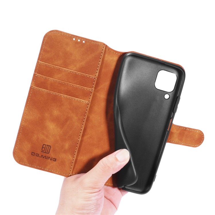 DG.MING Retro Style Wallet Leather Stand Case for Huawei P40 Lite/Nova 7i/Nova 6 SE - Brown-7