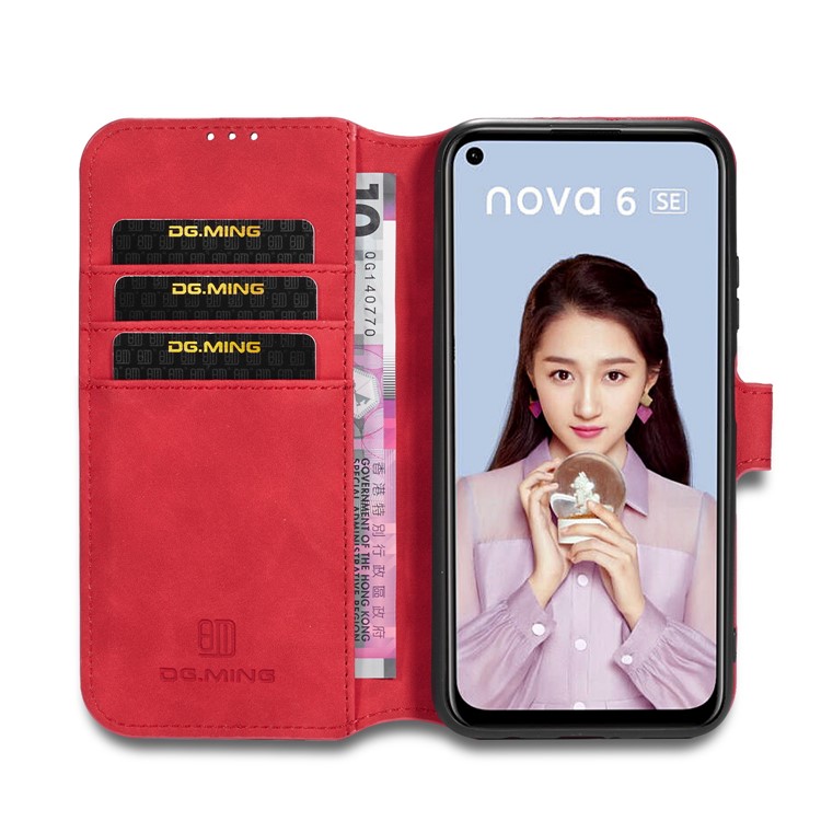 DG.MING Retro Style Wallet Leather Stand Case for Huawei P40 Lite/Nova 7i/Nova 6 SE - Red-4