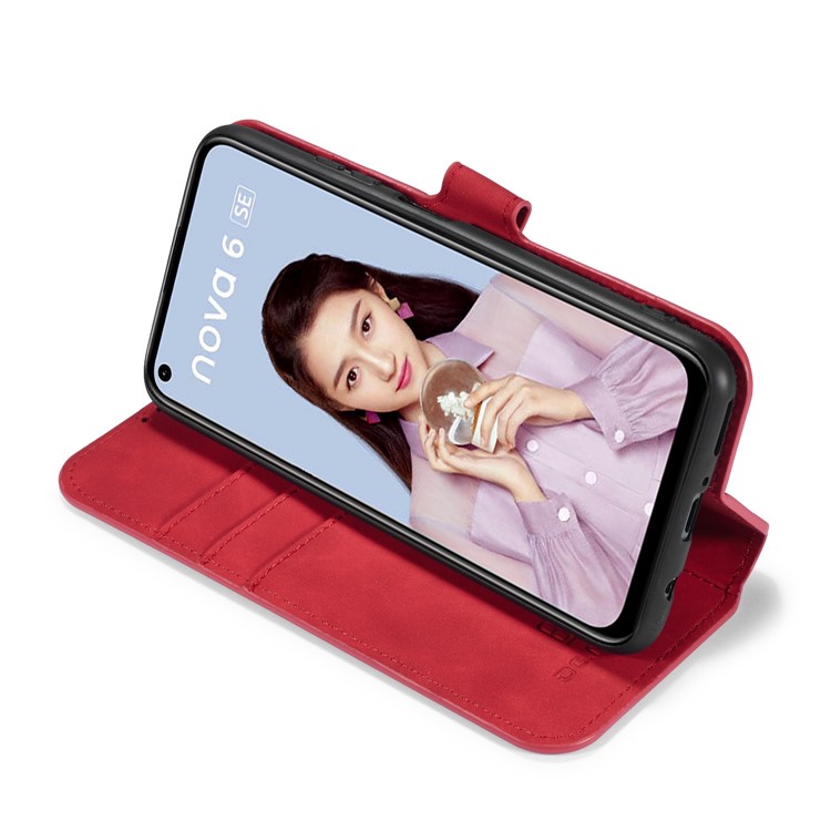 DG.MING Retro Style Wallet Leather Stand Case for Huawei P40 Lite/Nova 7i/Nova 6 SE - Red-5
