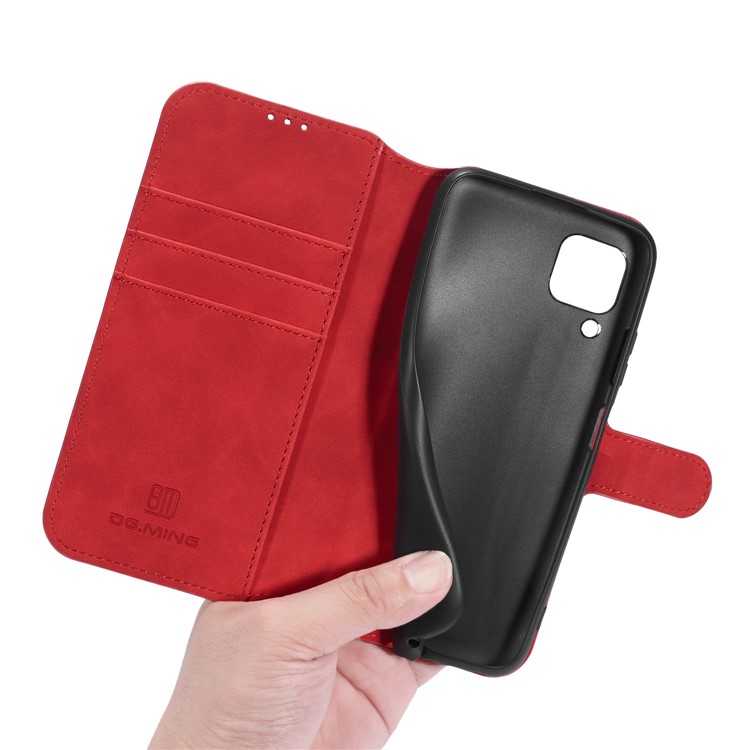 DG.MING Retro Style Wallet Leather Stand Case for Huawei P40 Lite/Nova 7i/Nova 6 SE - Red-7