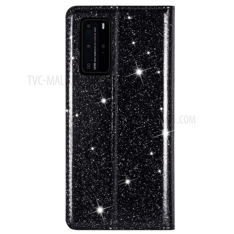 Flash Powder Auto-absorbed Leather Casing Stand Shell for Huawei P40 - Black-2