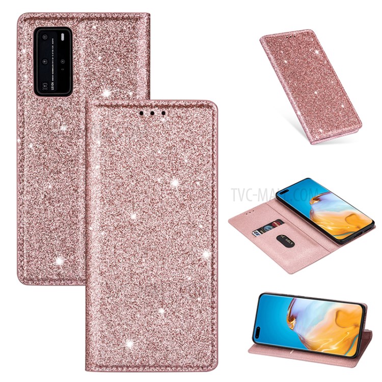 Flash Powder Auto-absorbed Leather Casing Stand Shell for Huawei P40 - Rose Gold-1