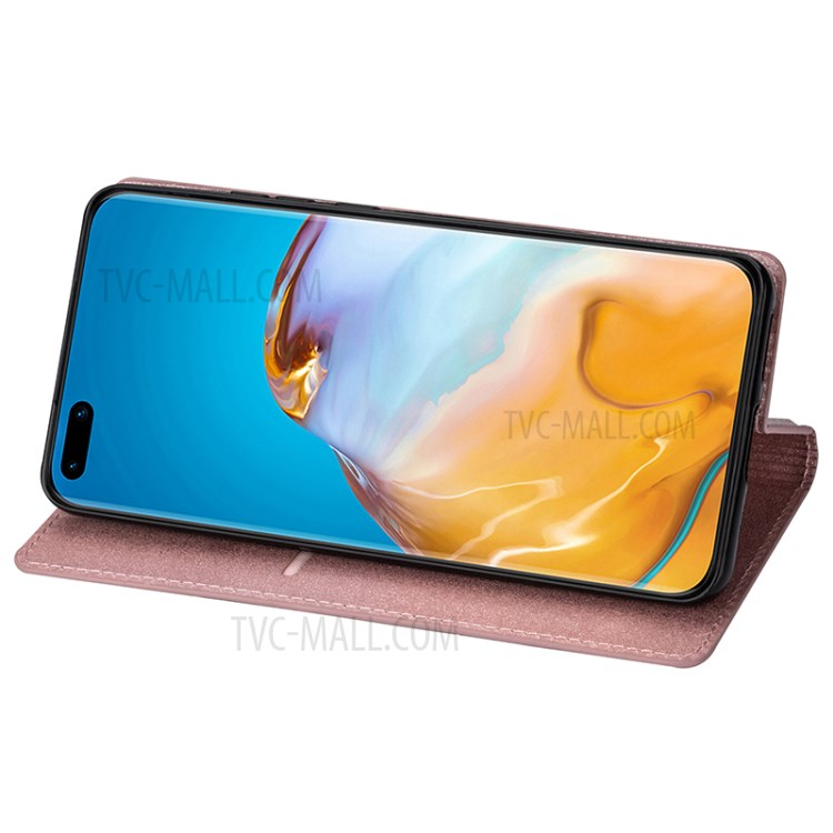 Flash Powder Auto-absorbed Leather Casing Stand Shell for Huawei P40 - Rose Gold-3