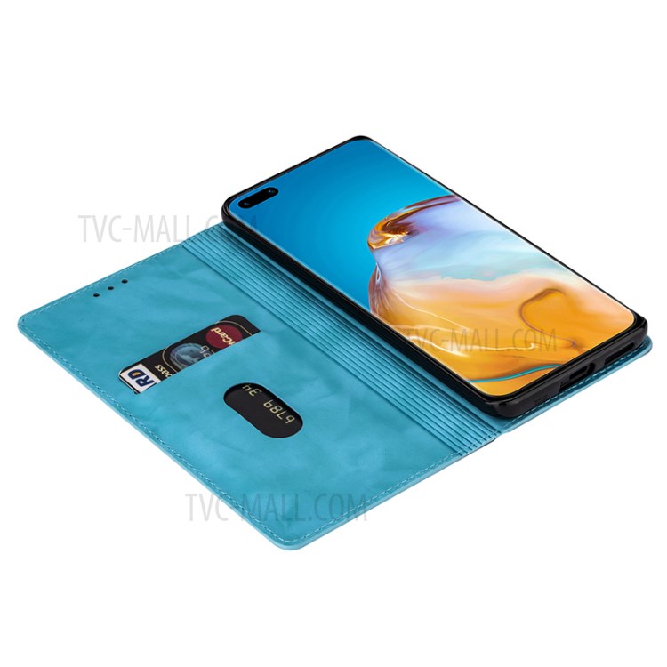 Flash Powder Auto-absorbed Leather Casing Stand Shell for Huawei P40 - Sky Blue-4