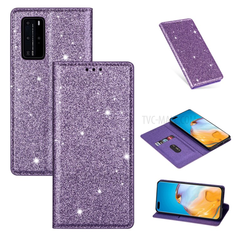 Flash Powder Auto-absorbed Leather Casing Stand Shell for Huawei P40 - Purple-1