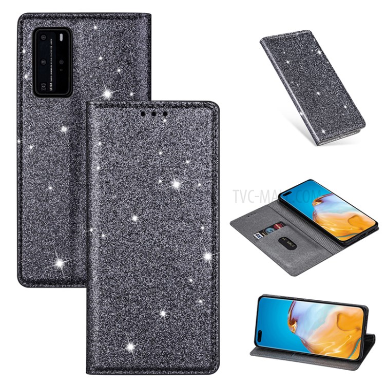 Flash Powder Auto-absorbed Leather Shell with Card Slot for Huawei P40 Pro - Grey-1