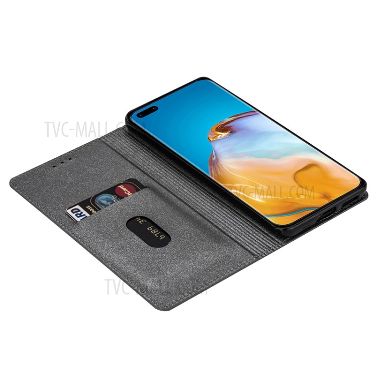 Flash Powder Auto-absorbed Leather Shell with Card Slot for Huawei P40 Pro - Grey-4
