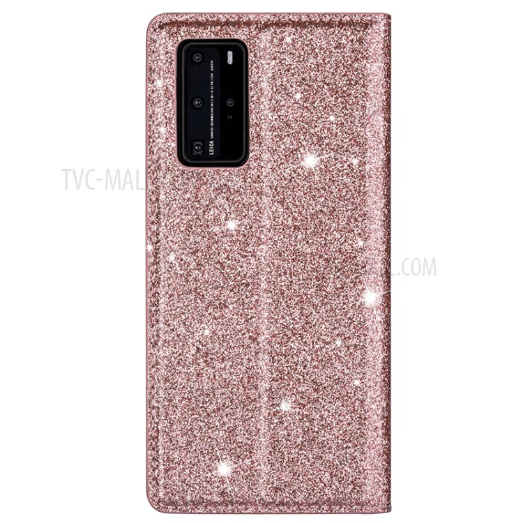 Flash Powder Auto-absorbed Leather Shell with Card Slot for Huawei P40 Pro - Rose Gold-2