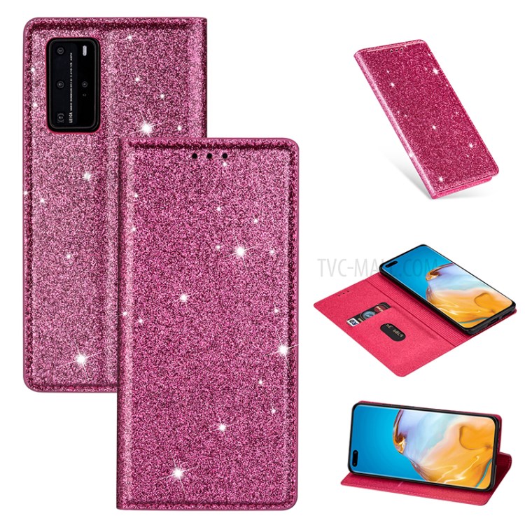 Flash Powder Auto-absorbed Leather Shell with Card Slot for Huawei P40 Pro - Rose-1