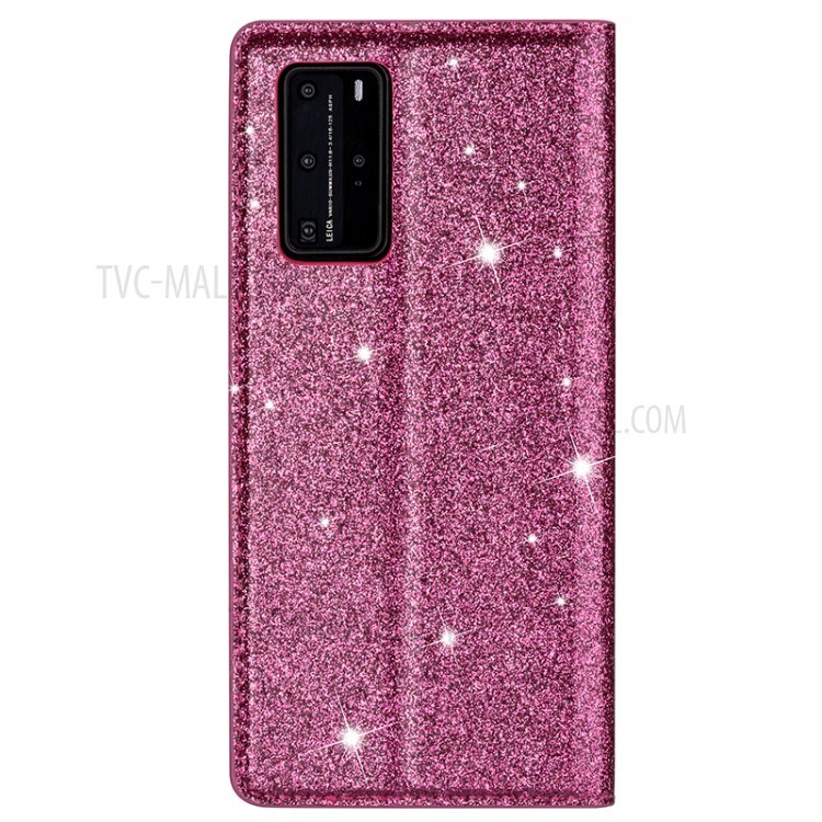 Flash Powder Auto-absorbed Leather Shell with Card Slot for Huawei P40 Pro - Rose-2