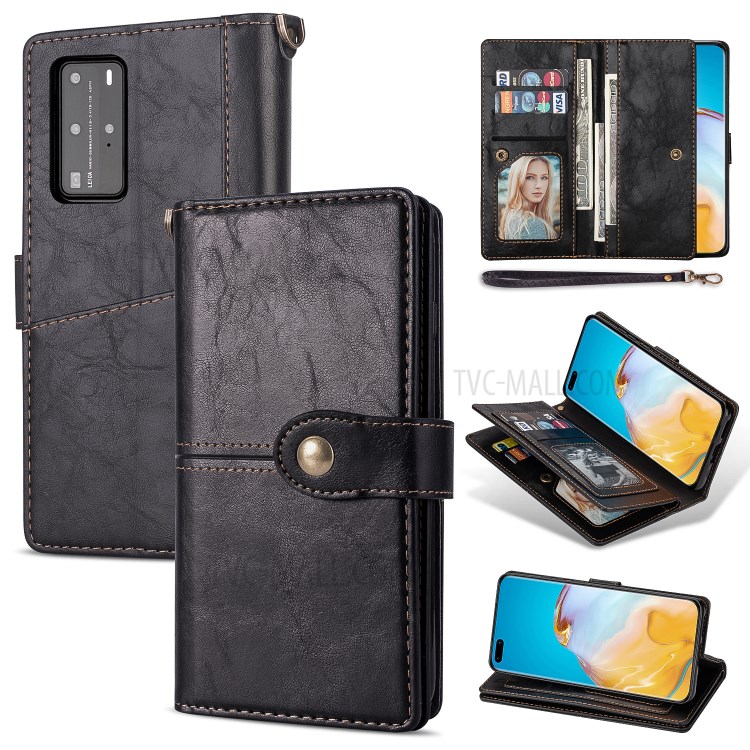 Retro Buckle Leather Phone Case with Strap for Huawei P40 - Black-1