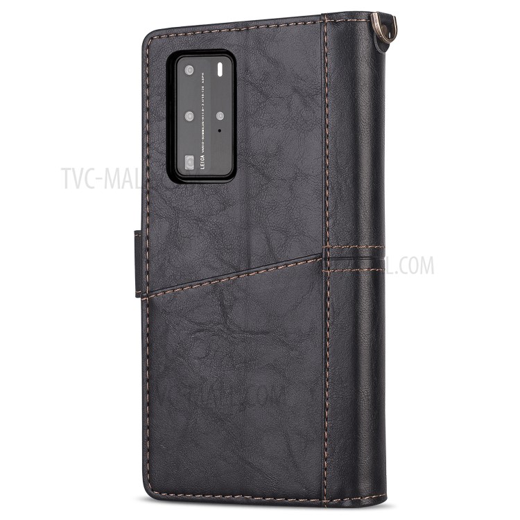 Retro Buckle Leather Phone Case with Strap for Huawei P40 - Black-4