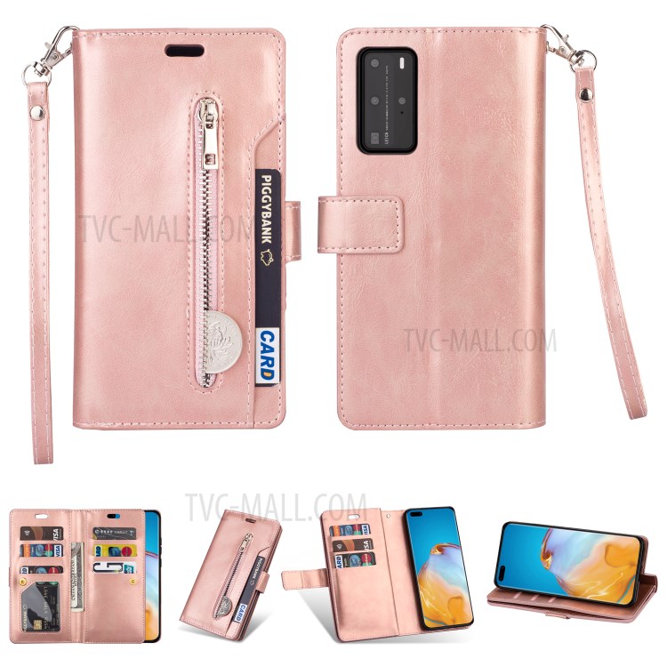 Multifunction Zipper Pocket Wallet Leather Stand Case for Huawei P40 - Rose Gold-1