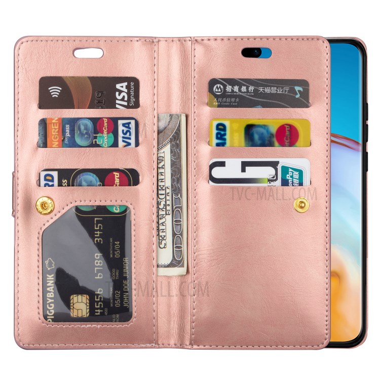 Multifunction Zipper Pocket Wallet Leather Stand Case for Huawei P40 - Rose Gold-8