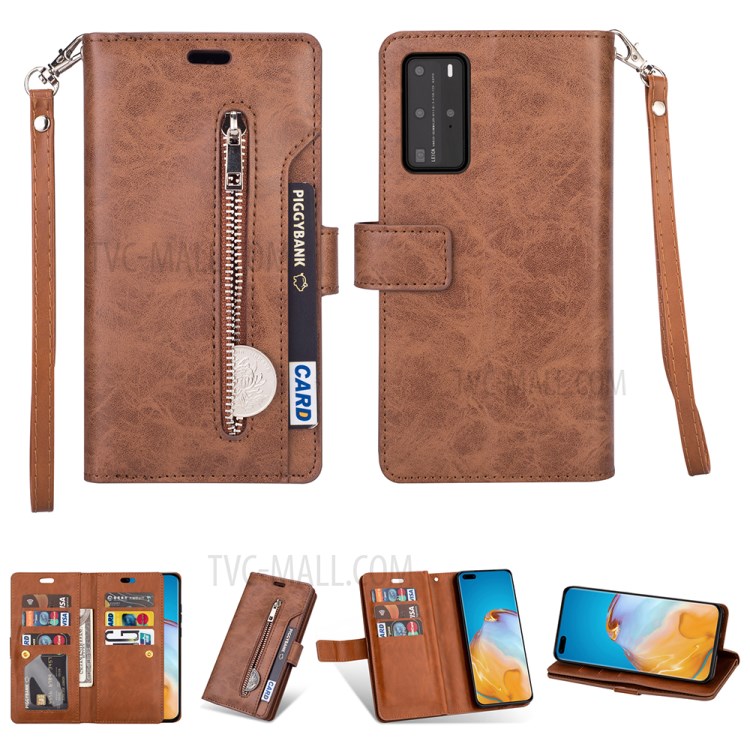 Multifunction Zipper Pocket Wallet Leather Stand Case for Huawei P40 - Brown-1