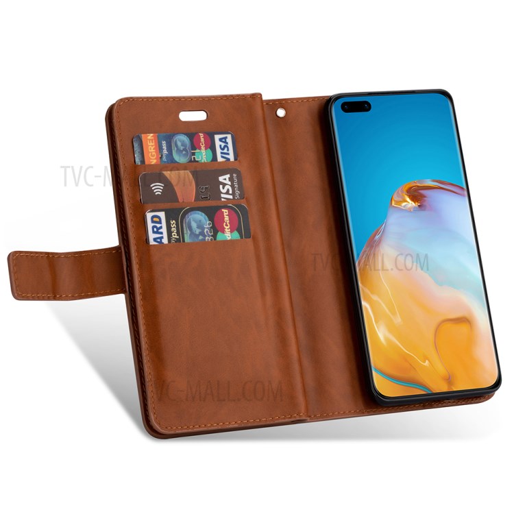 Multifunction Zipper Pocket Wallet Leather Stand Case for Huawei P40 - Brown-6