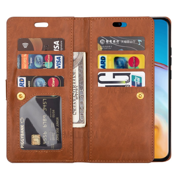 Multifunction Zipper Pocket Wallet Leather Stand Case for Huawei P40 - Brown-8