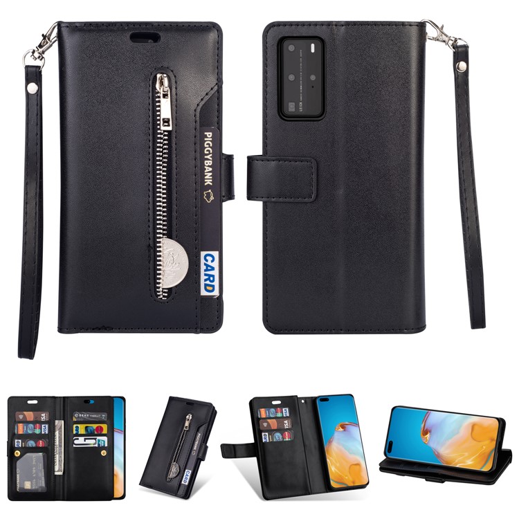 Multi-slot Wallet Zippered Leather Stand Case for Huawei P40 Pro - Black-1