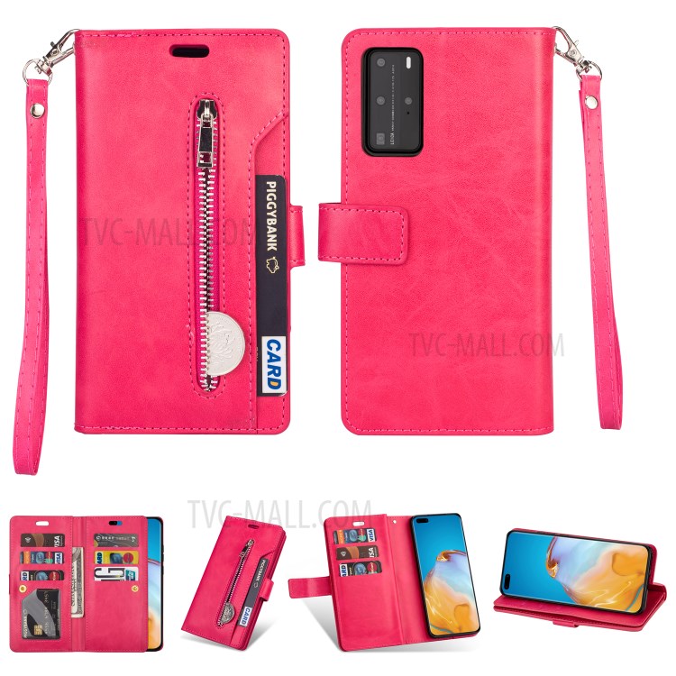 Multi-slot Wallet Zippered Leather Stand Case for Huawei P40 Pro - Rose-1
