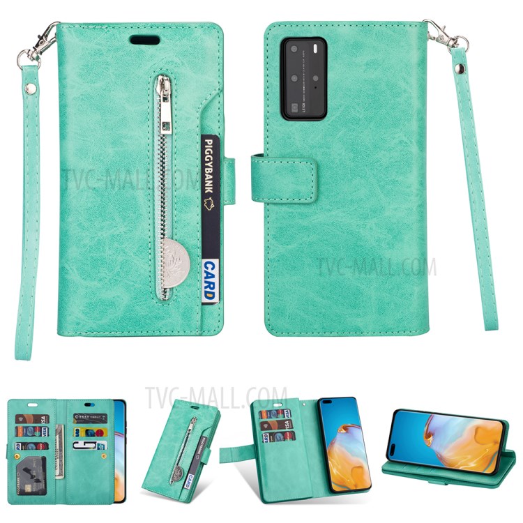 Multi-slot Wallet Zippered Leather Stand Case for Huawei P40 Pro - Green-1