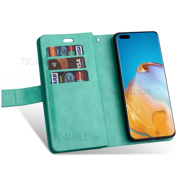 Multi-slot Wallet Zippered Leather Stand Case for Huawei P40 Pro - Green-6