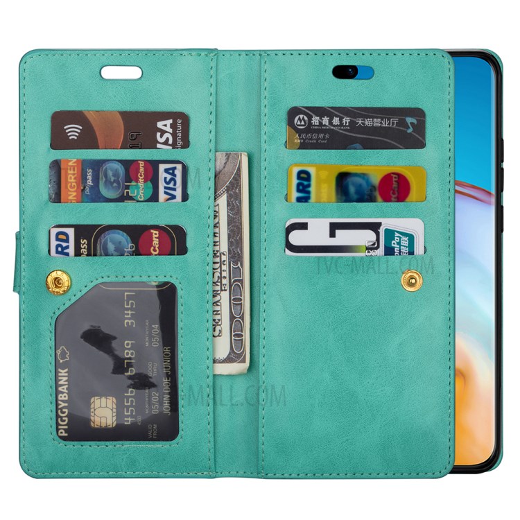 Multi-slot Wallet Zippered Leather Stand Case for Huawei P40 Pro - Green-8