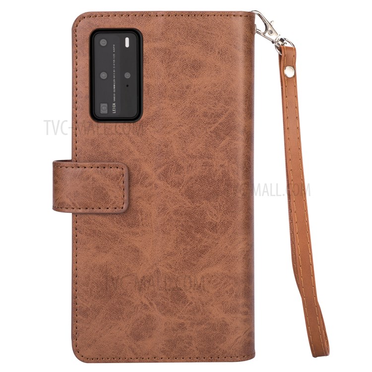 Multi-slot Wallet Zippered Leather Stand Case for Huawei P40 Pro - Brown-5