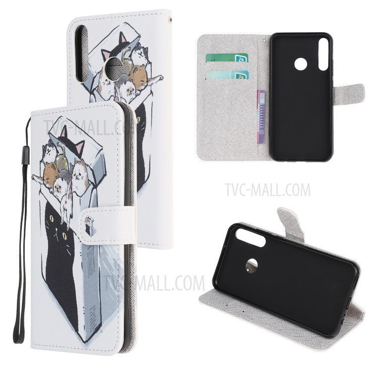 Pattern Printing Cross Texture Leather Wallet Cover with Strap for Huawei P40 Lite E / Y7p - Cats-1
