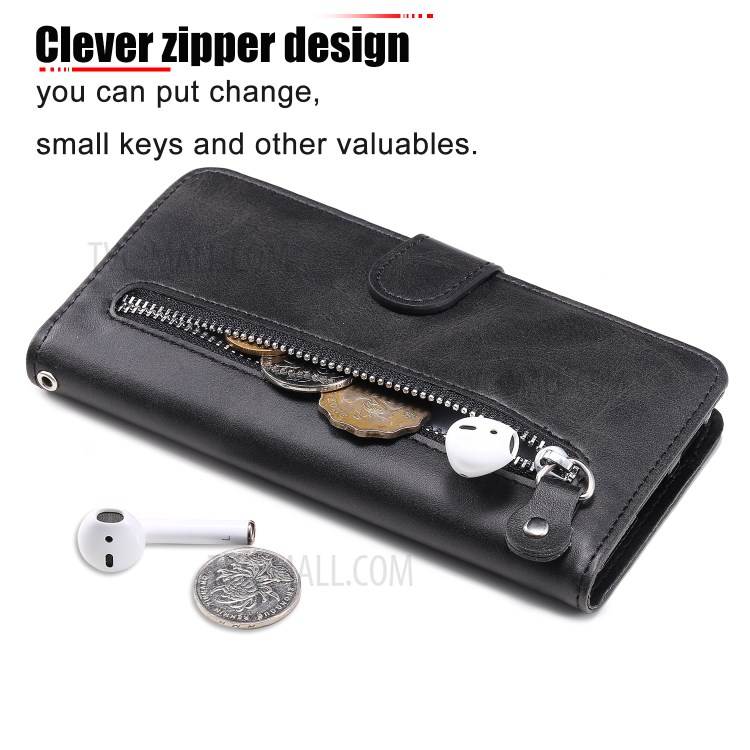 Zipper Pocket PU Leather Wallet Case Stand Phone Cover for Huawei P40 Lite E / Y7p - Black-7