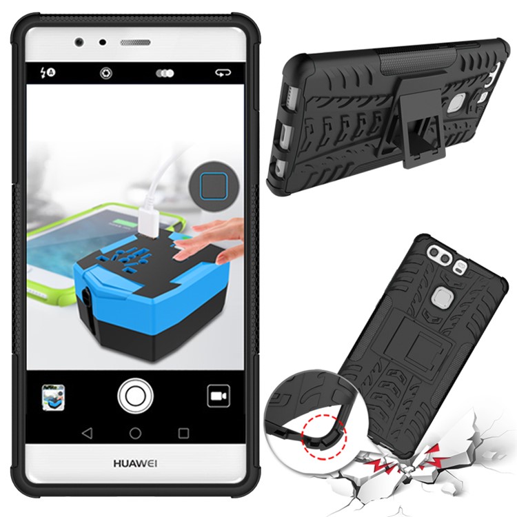 Anti-slip PC TPU Hybrid Cover for Huawei P9 Plus with Kickstand - Black-1