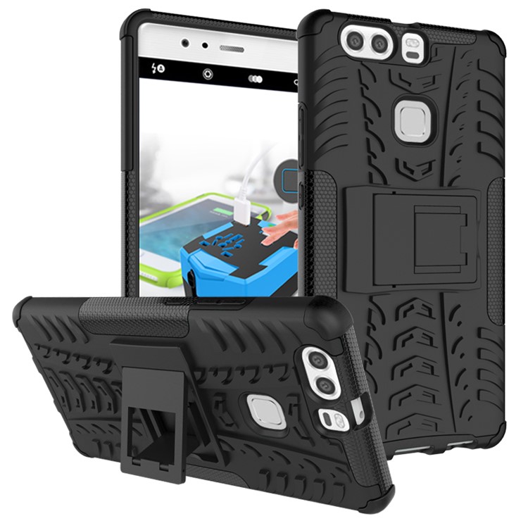 Anti-slip PC TPU Hybrid Cover for Huawei P9 Plus with Kickstand - Black-2