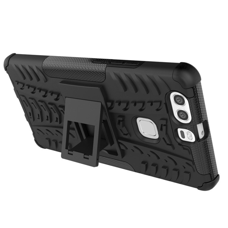 Anti-slip PC TPU Hybrid Cover for Huawei P9 Plus with Kickstand - Black-8