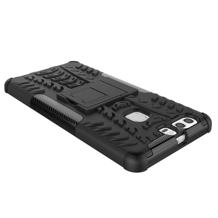 Anti-slip PC TPU Hybrid Cover for Huawei P9 Plus with Kickstand - Black-9