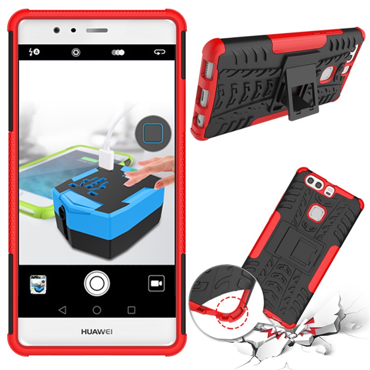 Anti-slip PC TPU Hybrid Shell for Huawei P9 Plus with Kickstand - Red-1