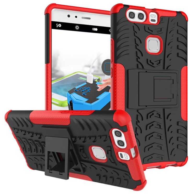Anti-slip PC TPU Hybrid Shell for Huawei P9 Plus with Kickstand - Red-2