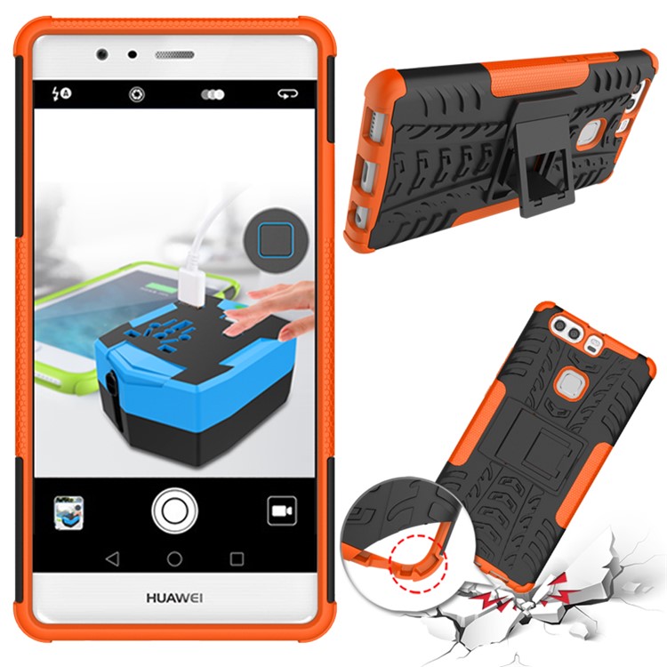 Anti-slip PC TPU Back Cover for Huawei P9 Plus with Kickstand - Orange-1