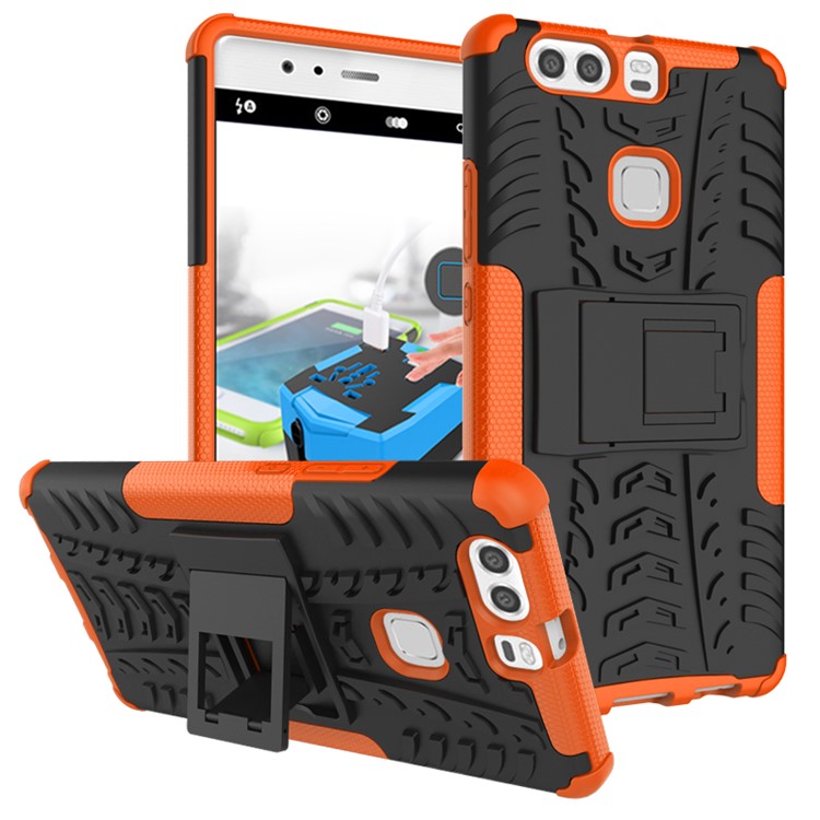 Anti-slip PC TPU Back Cover for Huawei P9 Plus with Kickstand - Orange-2
