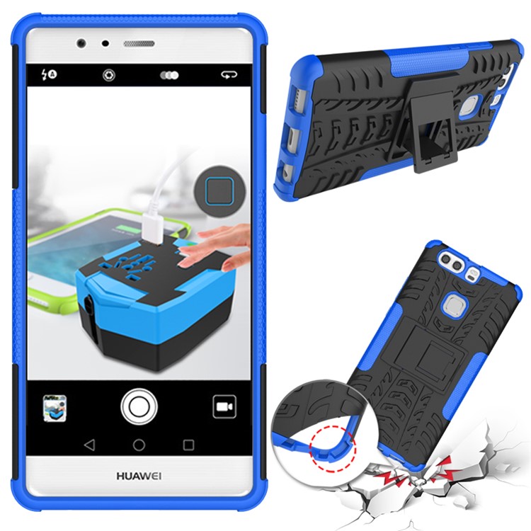 Anti-slip PC TPU Protective Cover for Huawei P9 Plus with Kickstand - Blue-1