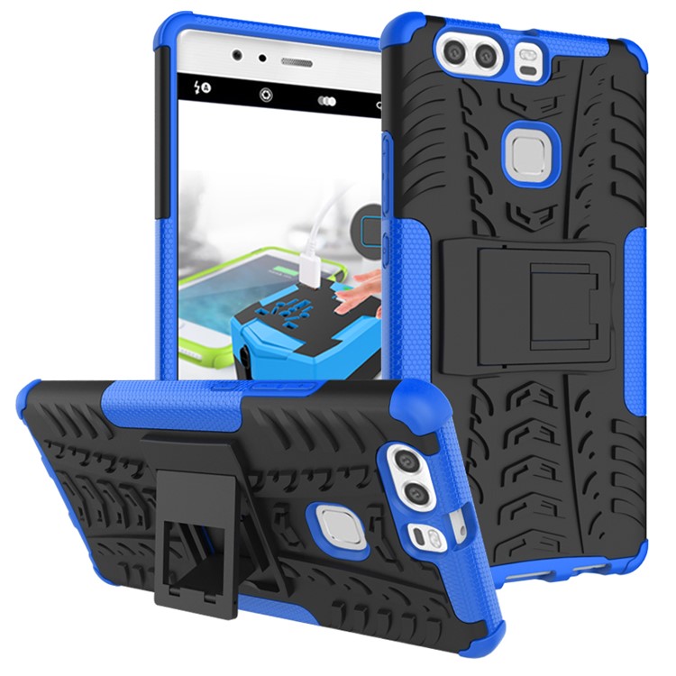 Anti-slip PC TPU Protective Cover for Huawei P9 Plus with Kickstand - Blue-2