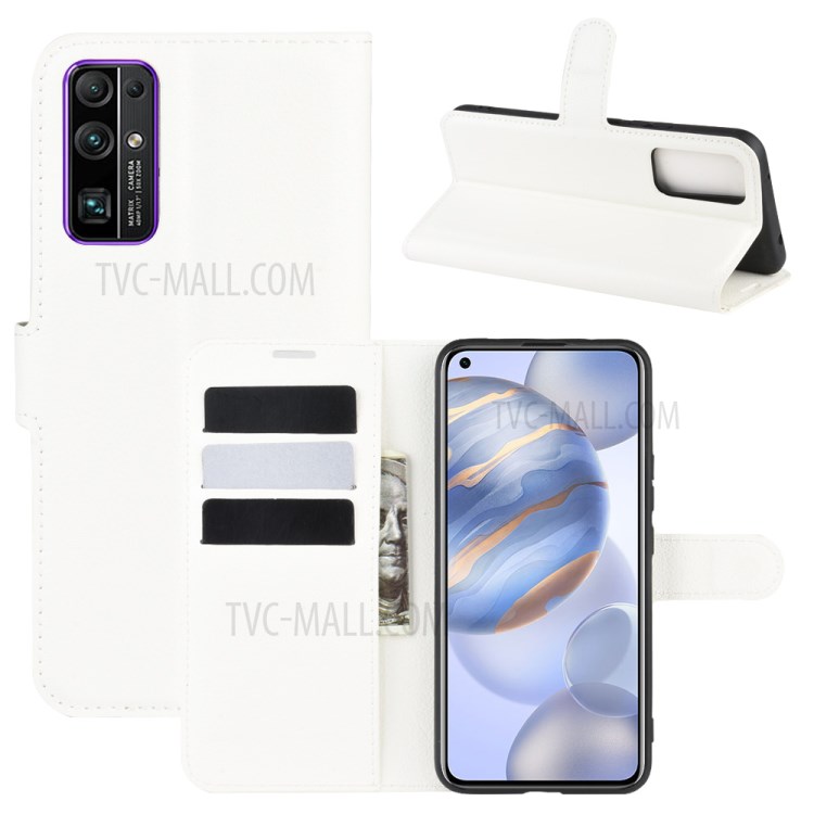 Litchi Grain Wallet Stand Leather Phone Shell for Honor 30 - White-1